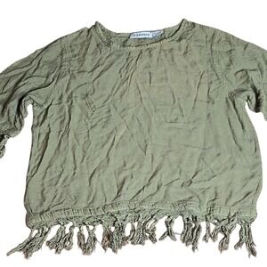 Silver Stream Fringe Short Sleeve Shirt Boho Hippie Indie Casual, Green, Large‎
